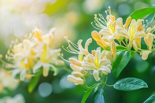 金黄金银花绽放绿叶间