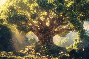 古老巨树沐浴在金色阳光中