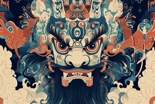 中式瑞兽狮头国风插画