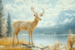 湖畔仙鹿的梦幻山林景致