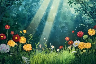 阳光洒落的梦幻花草森林