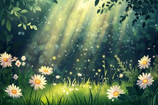梦幻森林中的阳光与雏菊