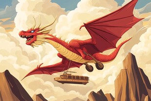 飞龙驮着车厢翱翔天际