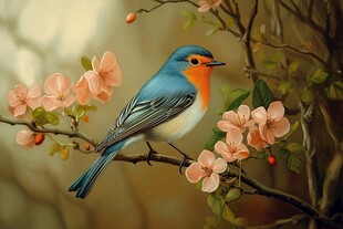 蓝羽橙胸小鸟栖于繁花枝