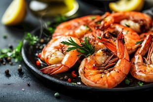 香煎大虾配香料柠檬