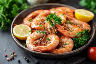 香煎大虾配柠檬欧芹