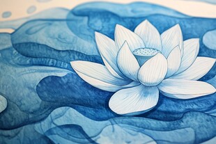 蓝调水墨风盛开的白莲花