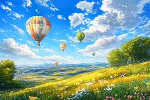 天空下的热气球与花海