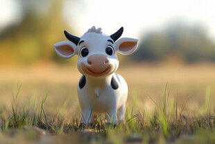 可爱小牛玩偶立于青草间