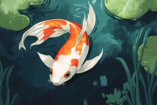 池塘中游动的橙白锦鲤