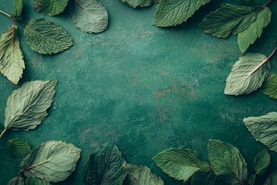 薄荷绿叶环绕的青绿色背景