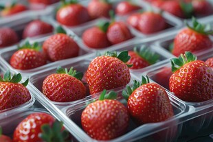 新鲜草莓整齐排列待售