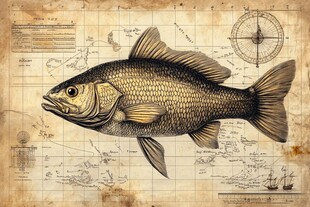 复古地图上的金色大鱼