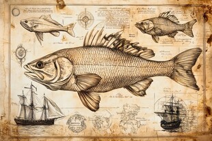 复古风海洋鱼类与船只插画