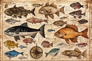 复古风多样鱼类插画图案