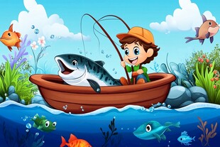 男孩小船钓鱼欢乐场景