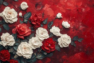 红底上的红白玫瑰油画