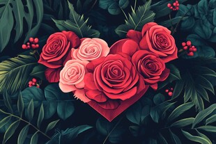 心形玫瑰与绿叶的浪漫组合