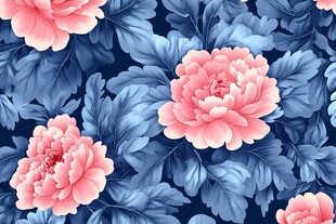 蓝底粉色牡丹花图案