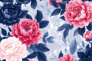 蓝底粉蓝花卉图案印花