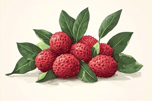 鲜艳荔枝配翠绿叶片