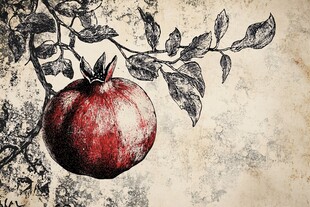 手绘枝头红石榴