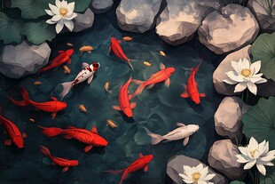 荷塘锦鲤嬉戏图