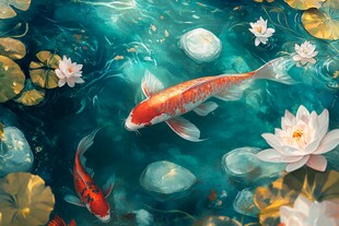 锦鲤游弋于荷花池塘间