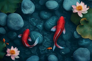 水中锦鲤伴荷花与卵石