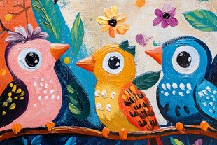 三只彩鸟栖于花枝间