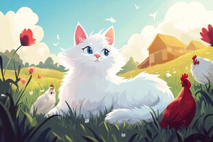 田园中的猫咪与鸡群