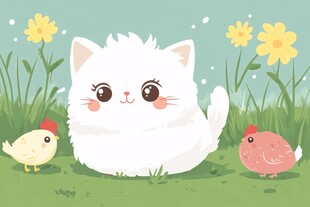 草地上的猫咪与小鸡