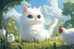 田园中的白毛猫咪与家禽