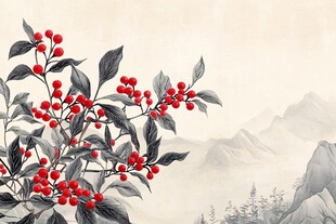 水墨红果映远山