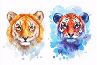 水彩风格双虎头像