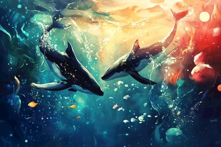 梦幻海洋中的双虎鲸共游