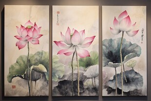 三联水墨荷花画作欣赏