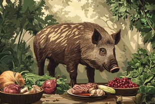 野猪与丰盛食物的自然场景