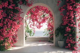 花拱门后的海景浪漫景致