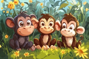 三只萌猴于花草间嬉戏