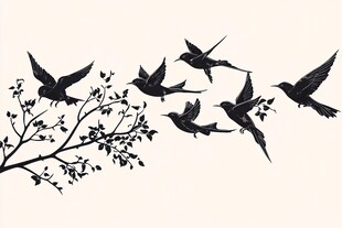 枝头飞鸟剪影图