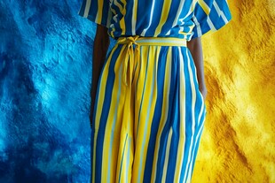 蓝黄条纹连体衣时尚穿搭