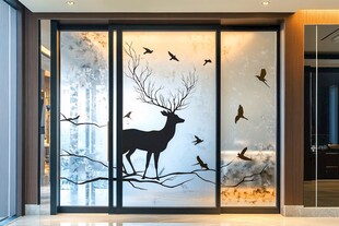 鹿影飞鸟艺术玻璃隔断