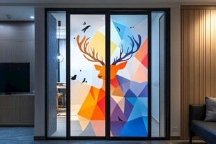 彩色几何鹿图案玻璃移门
