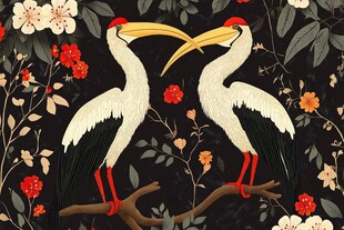 双鹤栖枝花卉间插画