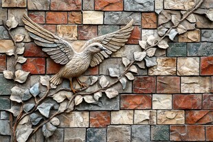 砖墙上的展翅飞鸟浮雕