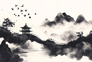 水墨山水间的古韵楼阁
