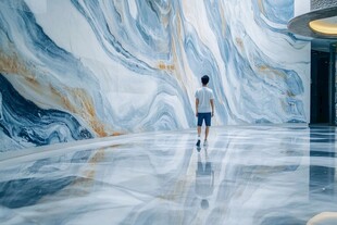 男子漫步于大理石艺术空间