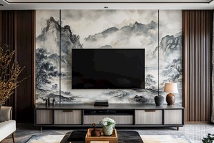中式山水背景墙客厅一角