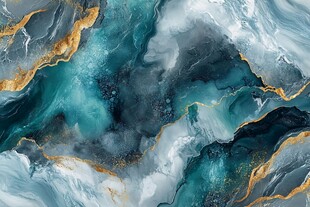 蓝绿金交融的抽象流体艺术